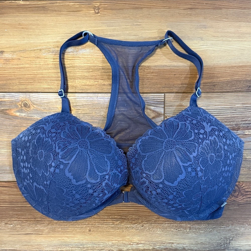 Victoria’s Secret Elegant Lace Front Hook Women's Push Up Bra in Navy Blue 38DD